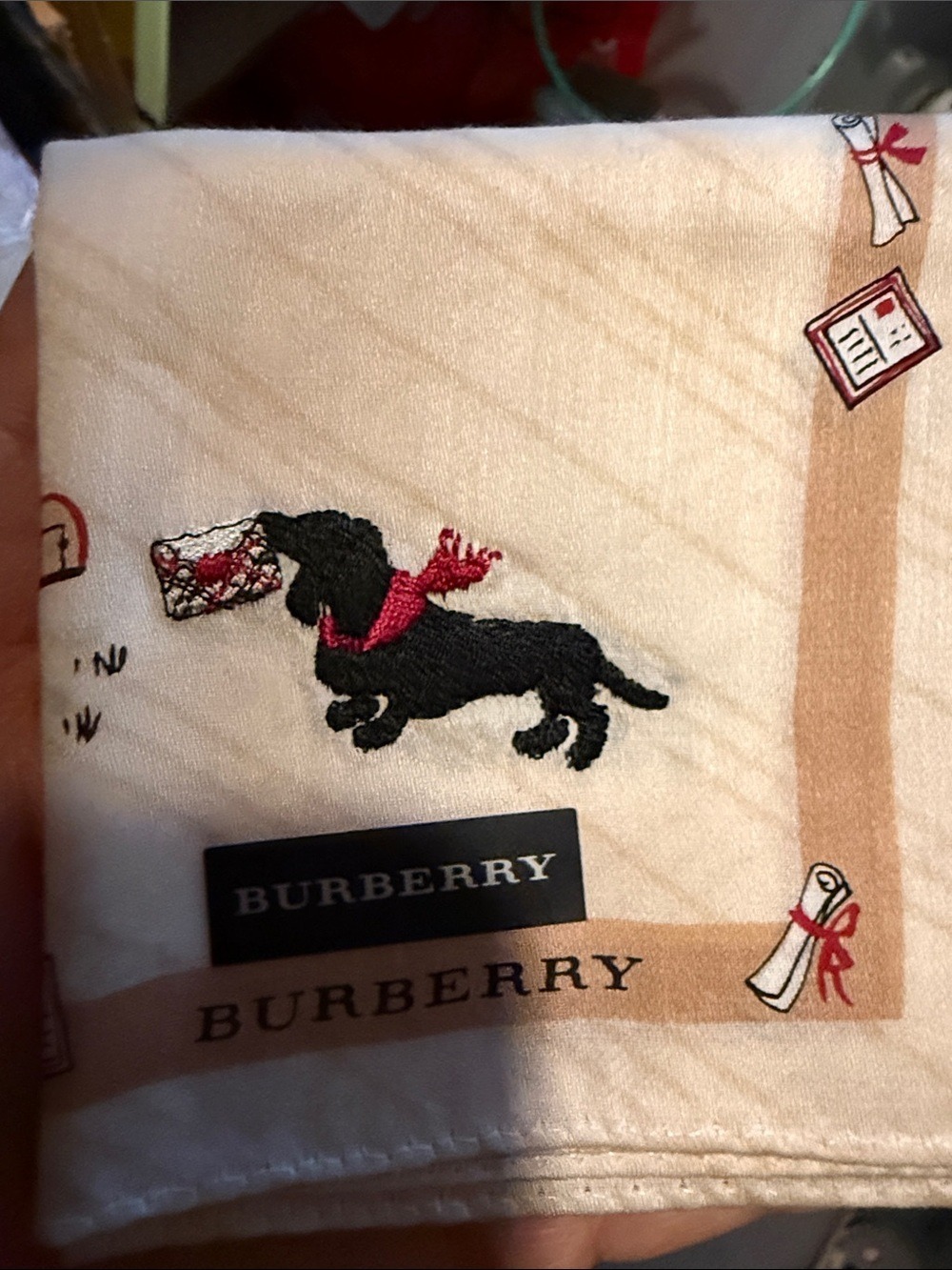 Burberry Cream neck Scarf /handkerchief with Black Dog and Red Accents